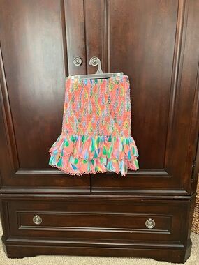 Farm Rio Bright Pink Multicolor Ruffled Smocked Skirt